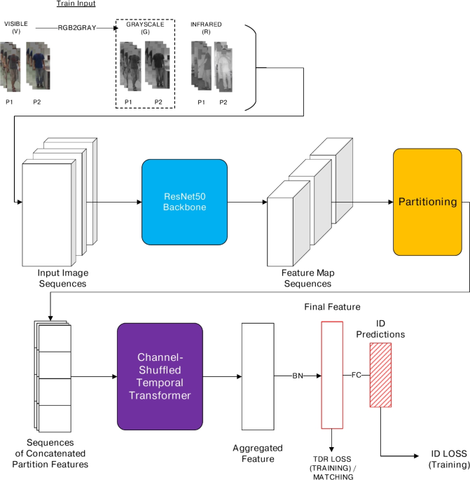 Channel-shuffled transformers for cross-modality person re-identification in video