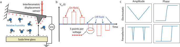 Distance and relative humidity contributions to the atomic force microscopy off surface electrostatic response of soda lime glass