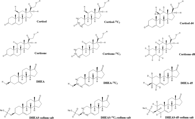 Surrogate analyte approach for the determination of endogenous cortisol, cortisone, DHEA, DHEAS in horse hair and sheep wool by LC-HRMS/MS