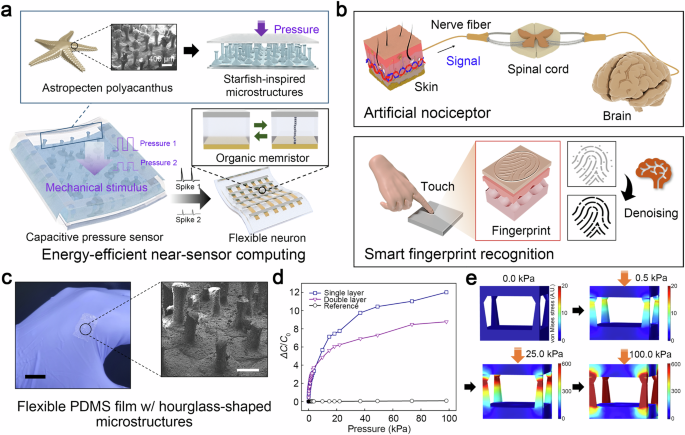 Tactile near-sensor computing systems incorporating hourglass-shaped microstructured capacitive sensors for bio-realistic energy efficiency