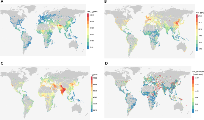 Tracking air pollution and CO2 emissions in 13,189 urban areas worldwide using large geospatial datasets