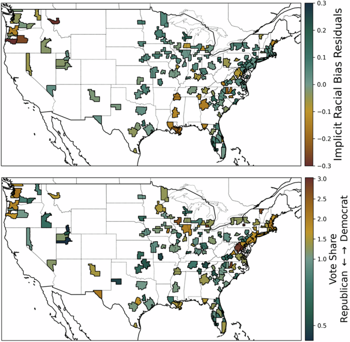 Associations between racial bias and political identity in American cities often diverge from common narratives