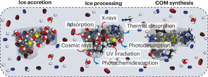 Photochemistry of interstellar ice forming complex organic molecules