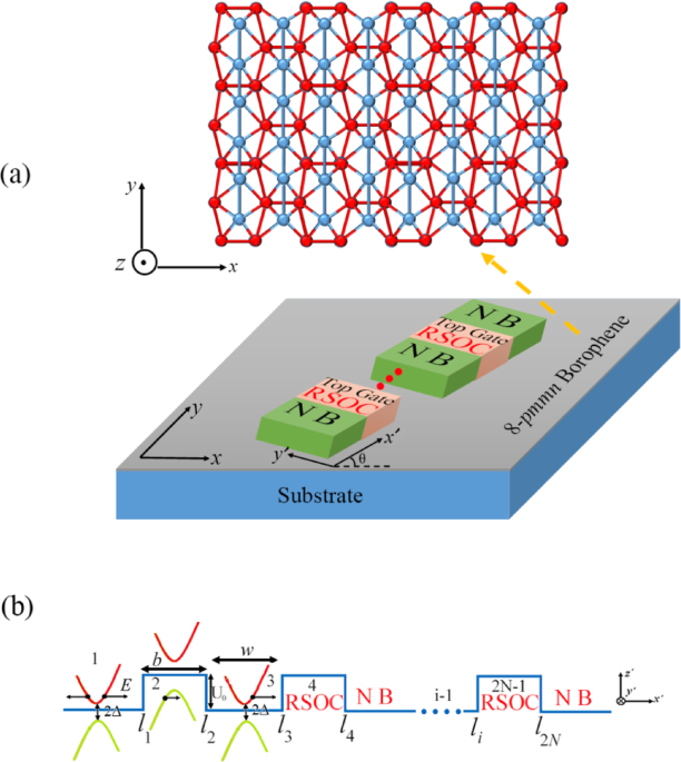 Spin-dependent conductance in gapped 8-Pmmn borophene-superlattice