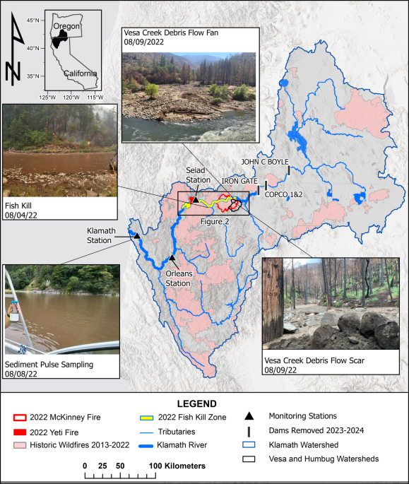 2022 McKinney rain-on-wildfire event, dissolved oxygen sags, and a fish kill on the Klamath River, California