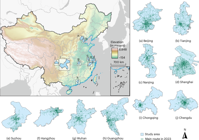 Public transport accessibility in villages in and around major Chinese cities