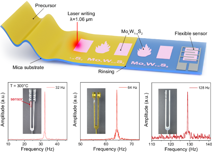 Pulsed laser-assisted direct fabrication of MoxW1-xS2 alloy-based flexible strain sensors with superior performance for high-temperature applications