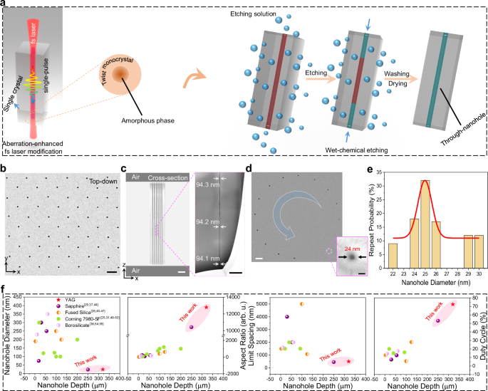 25 nm-Feature, 104-aspect-ratio, 10 mm2-area single-pulsed laser nanolithography