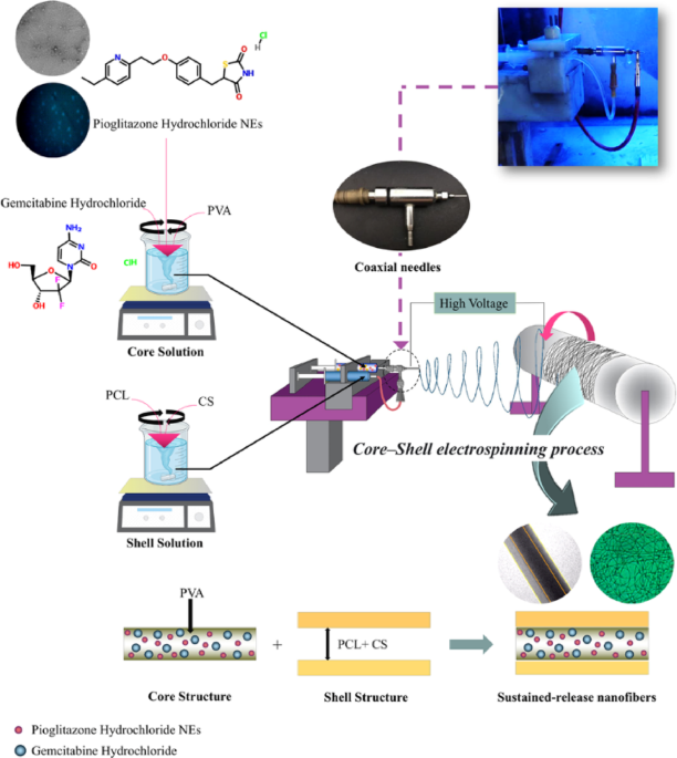 Core–shell nanofibers for localized melanoma therapy delivering Pioglitazone nanoemulsions and gemcitabine dual loaded system