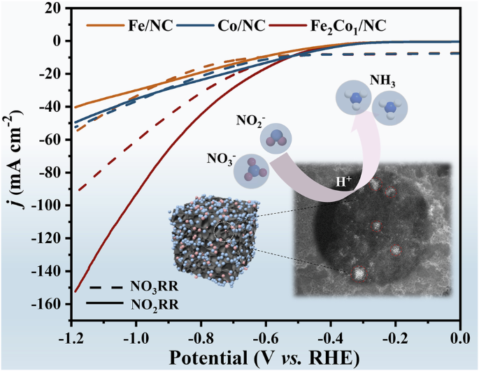 Dual-function FeCo bimetallic nanoclusters for ammonia electrosynthesis from nitrate/nitrite reduction