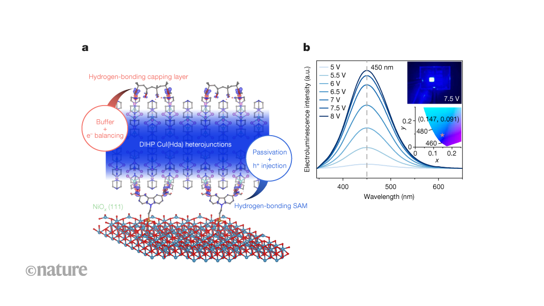 Highly efficient deep-blue LED devices made using hybrid copper–iodide compound
