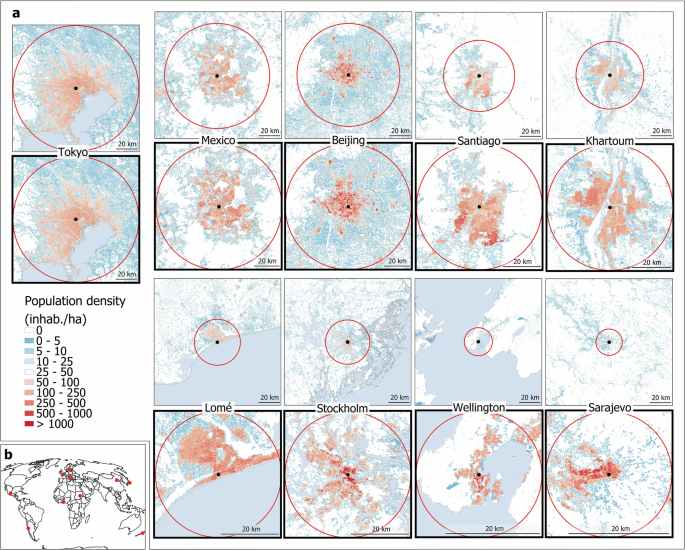 The three-dimensional structure of population density in world cities