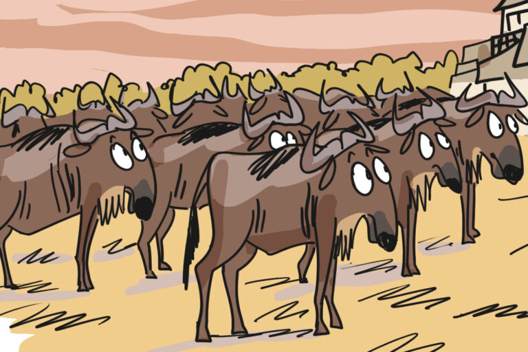 Predators of the Great Wildebeest Migration: Then and now (cartoon)