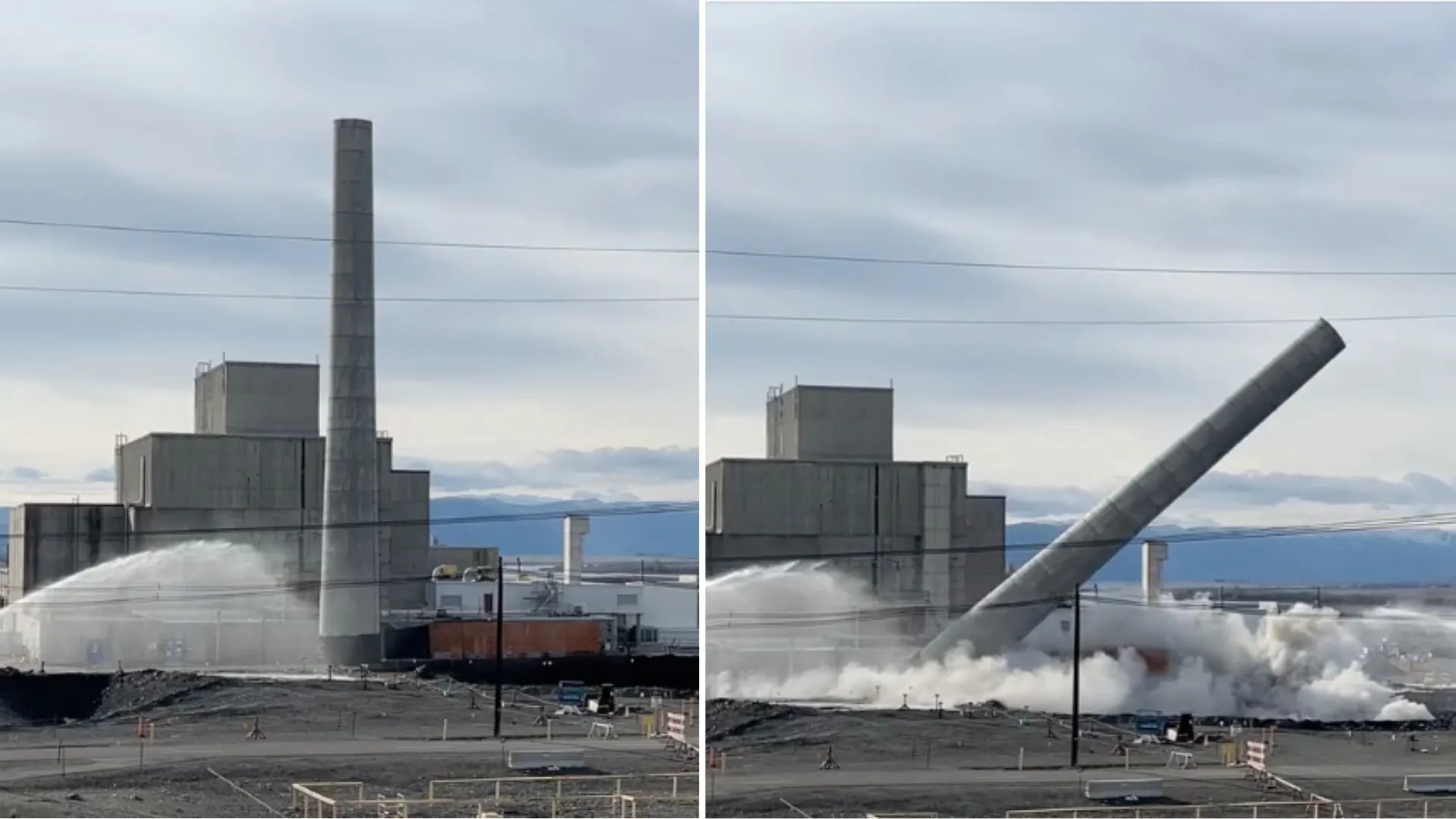 Controlled blast topples 175-foot Cold War nuclear stack at Hanford