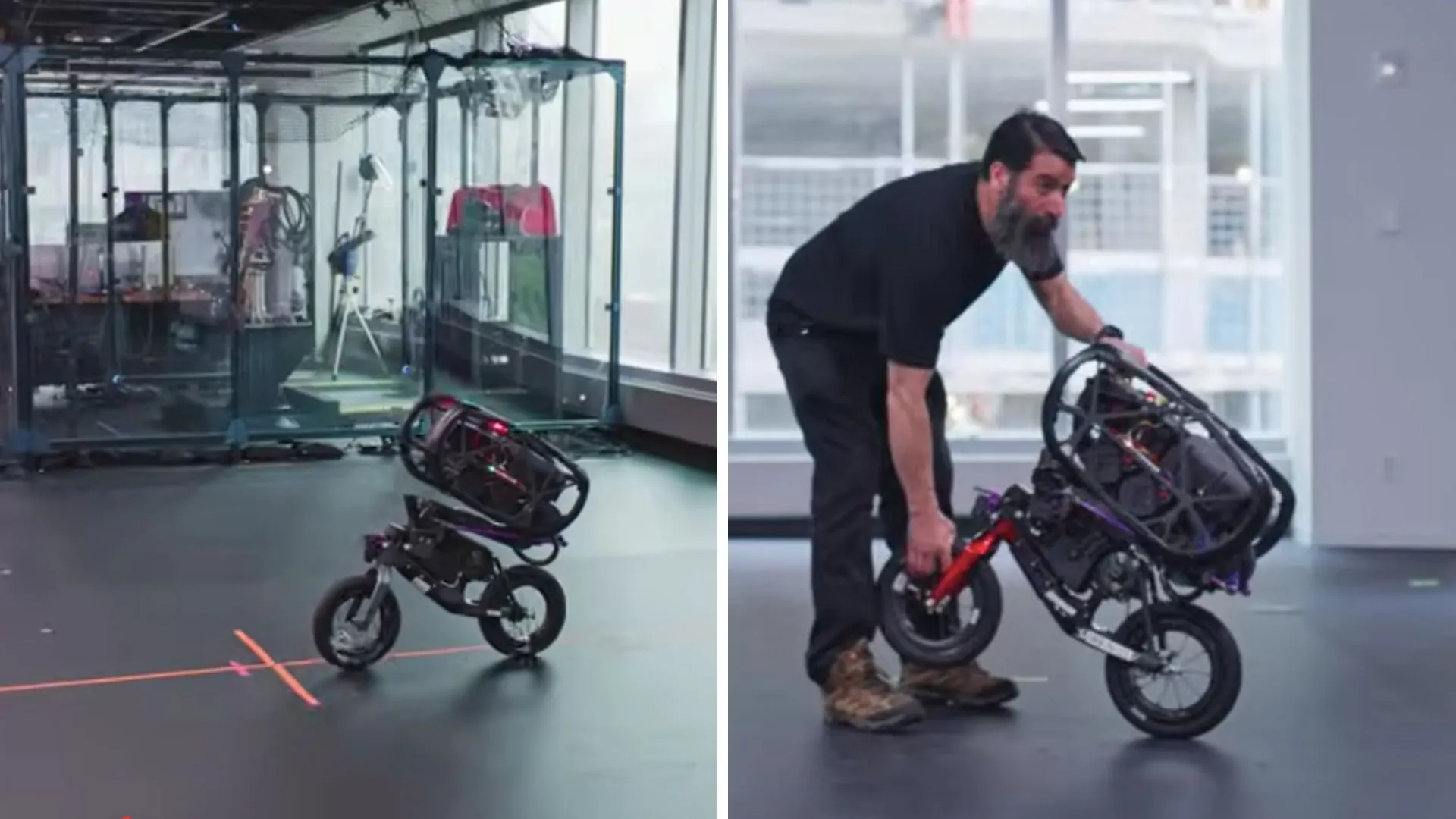 This bicycle-style robot travels at high speed while navigating obstacles