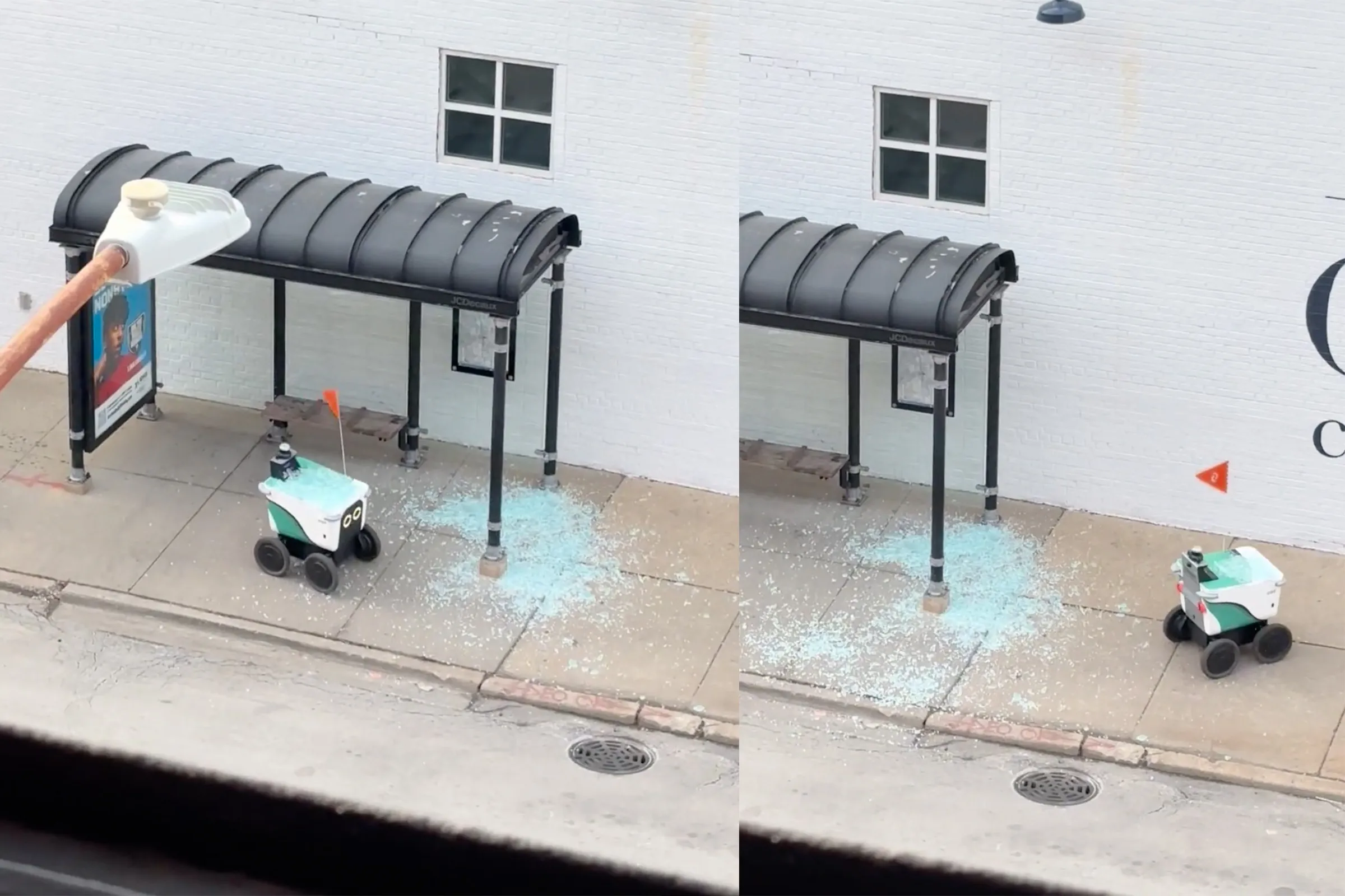 Delivery Robot Allegedly Smashes Through Bus Stop Window, Keeps Driving Covered in Broken Glass